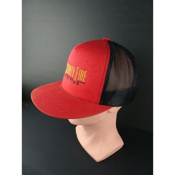 Yupoong Red Black Trucker Hat Adjustable Snapback All County Fire Cap Mesh - Picture 2 of 3